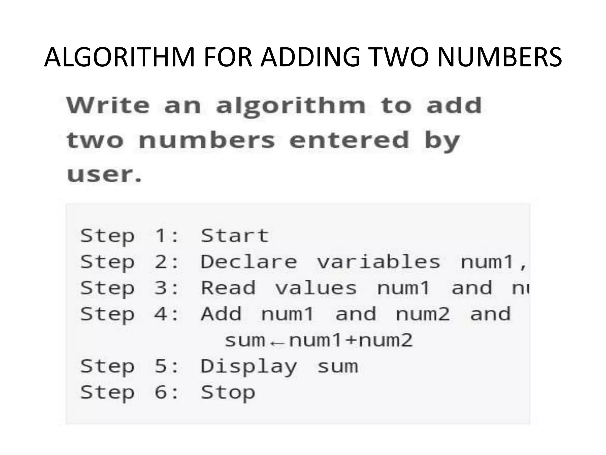 ALGORITHM FOR ADDING TWO NUMBERS
 