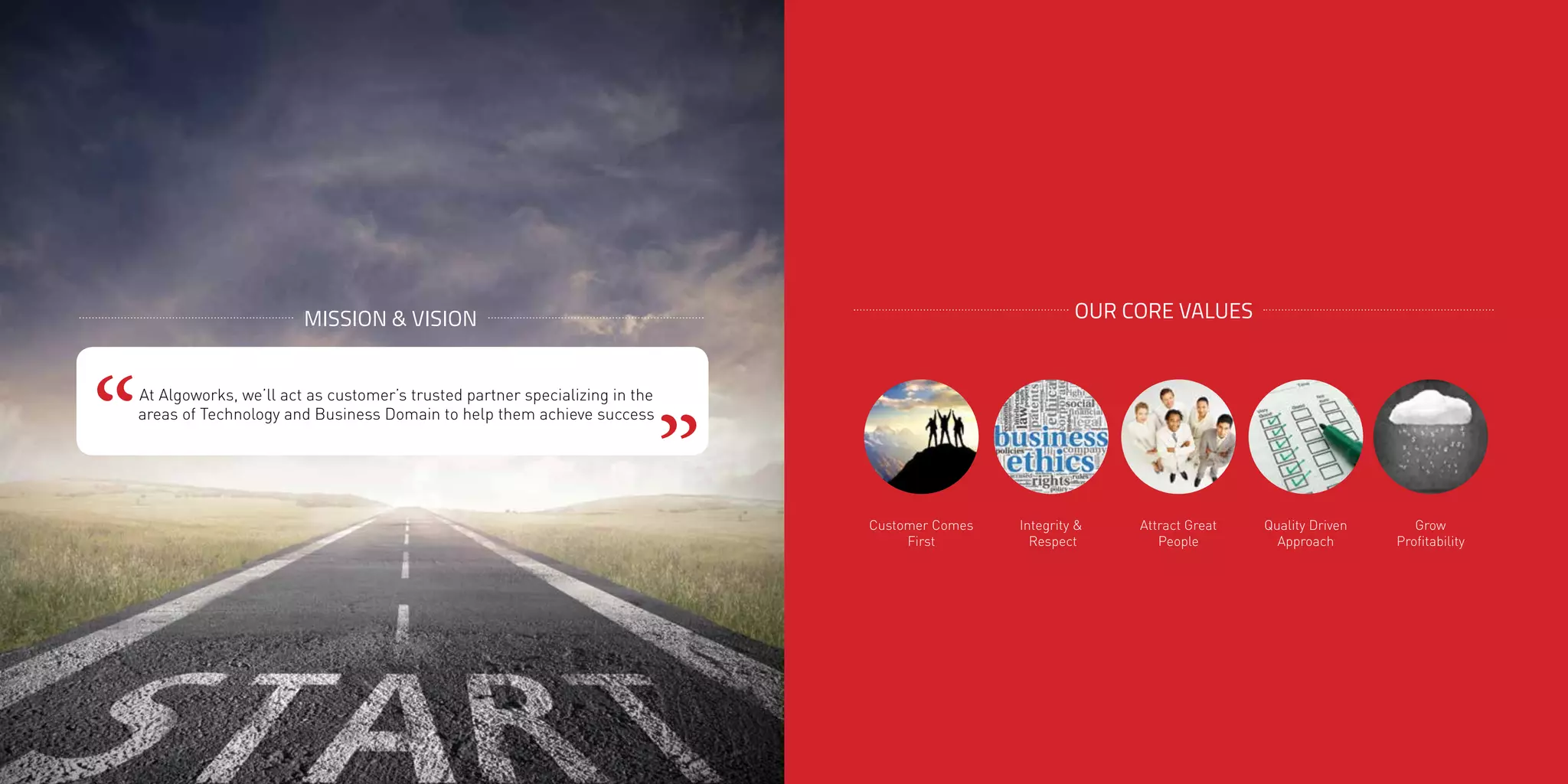 At Algoworks, we’ll act as customer’s trusted partner specializing in the
areas of Technology and Business Domain to help them achieve success
MISSION & VISION OUR CORE VALUES
Customer Comes
First
Integrity &
Respect
Attract Great
People
Quality Driven
Approach
Grow
Profitability
 
