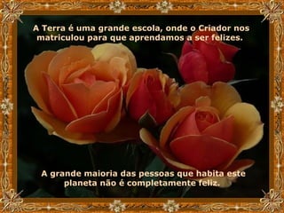 A Terra é uma grande escola, onde o Criador nos matriculou para que aprendamos a ser felizes.   A grande maioria das pessoas que habita este planeta não é completamente feliz.   