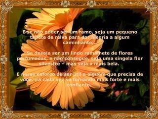 E se não puder ser um ramo, seja um pequeno tapete de relva para dar alegria a algum caminhante... Se deseja ser um lindo ramalhete de flores perfumadas, e não consegue, seja uma singela flor silvestre – mas seja a mais bela.  E nesse esforço de ser útil a alguém que precisa de você, irá cada vez se tornando mais forte e mais confiante.   