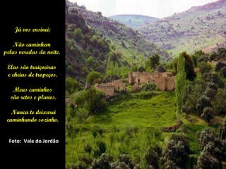 Já vos ensinei:

   Não caminhem
pelas veredas da noite.

  Elas são traiçoeiras
  e cheias de tropeços.

         Meus caminhos
        são retos e planos.

   Nunca te deixarei
 caminhando sozinho.


 ....   Foto: Vale do Jordão
 