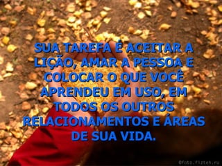 SUA TAREFA É ACEITAR A LIÇÃO, AMAR A PESSOA E COLOCAR O QUE VOCÊ APRENDEU EM USO, EM TODOS OS OUTROS RELACIONAMENTOS E ÁREAS DE SUA VIDA. 