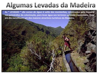 Algumas Levadas da Madeira As “ LEVADAS ” são cursos de água à volta das montanhas, construídos pelo Homem nos primórdios da colonização, para levar água aos terrenos agrícolas inacessíveis. Hoje em dia constituem um dos maiores atractivos turísticos da Madeira. 