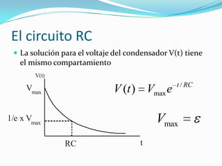 El circuito RC<br />La soluciónpara el voltaje del condensador V(t) tiene el mismocompartamiento<br />