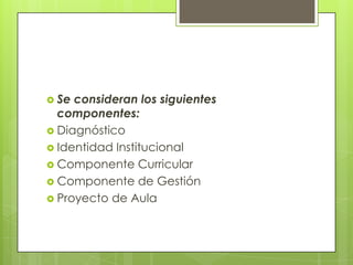 Se consideran los siguientes componentes: DiagnósticoIdentidad InstitucionalComponente CurricularComponente de GestiónProyecto de Aula