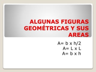 ALGUNAS FIGURAS 
GEOMÉTRICAS Y SUS 
AREAS 
A= b x h/2 
A= L x L 
A= b x h 
 