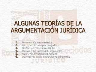 ALGUNAS TEORÍAS DE LA
ARGUMENTACIÓN JURÍDICA
1. Perelman y la nueva retórica
2. Alexy y el discurso práctico jurídico
3. MacCormick y los casos difíciles
4. Toulmin y los modelos de argumentos
5. Aarnio y la aceptabilidad racional
6. Dowrkin y la teoría interpretativa del derecho
 