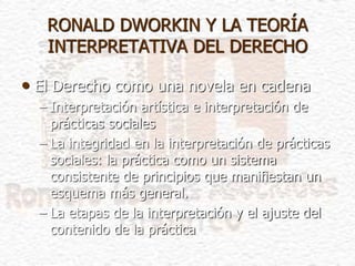 • El Derecho como una novela en cadena
– Interpretación artística e interpretación de
prácticas sociales
– La integridad en la interpretación de prácticas
sociales: la práctica como un sistema
consistente de principios que manifiestan un
esquema más general.
– La etapas de la interpretación y el ajuste del
contenido de la práctica
RONALD DWORKIN Y LA TEORÍA
INTERPRETATIVA DEL DERECHO
 