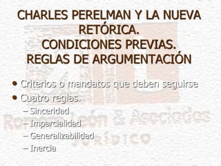 CHARLES PERELMAN Y LA NUEVA
RETÓRICA.
CONDICIONES PREVIAS.
REGLAS DE ARGUMENTACIÓN
• Criterios o mandatos que deben seguirse
• Cuatro reglas.
– Sinceridad
– Imparcialidad
– Generalizabilidad
– Inercia
 