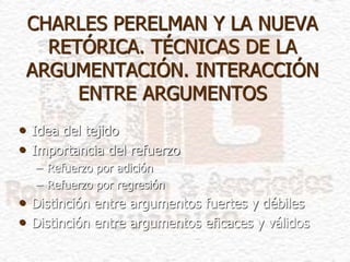 CHARLES PERELMAN Y LA NUEVA
RETÓRICA. TÉCNICAS DE LA
ARGUMENTACIÓN. INTERACCIÓN
ENTRE ARGUMENTOS
• Idea del tejido
• Importancia del refuerzo
– Refuerzo por adición
– Refuerzo por regresión
• Distinción entre argumentos fuertes y débiles
• Distinción entre argumentos eficaces y válidos
 