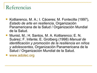 Referencias Kotliarenco, M. A.; I. Cáceres; M. Fontecilla (1997),  Estado de arte en resiliencia , Organización Panamericana de la Salud / Organización Mundial de la Salud. Munist, M.; H. Santos, M. A. Kotliarenco; E. N. Suárez; F. Infante; E. Grotberg (1998)  Manual de identificación y promoción de la resiliencia en niños y adolescentes , Organización Panamericana de la Salud / Organización Mundial de la Salud. www.adolec.org 