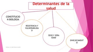 Determinantes de la
salud
CONSTITUCIO
N BIOLOGIA
RESISTENCIA Y
VULNERABILIDA
D
SEXO Y 3ERA
EDAD
ENVEJECIMIENT
O
ESCUELA DE OBSTETRICIA-ECUADOR
 