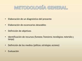 METODOLOGÍA GENERAL.Elaboración de un diagnóstico del presente Elaboración de escencarios deseables Definición de objetivosIdentificación de recursos (humanos, financieros, tecnológicos, materiales y tiempo)Definición de los medios (políticas, estrategias, acciones) Evaluación