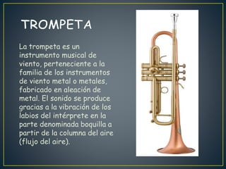 La trompeta es un
instrumento musical de
viento, perteneciente a la
familia de los instrumentos
de viento metal o metales,
fabricado en aleación de
metal. El sonido se produce
gracias a la vibración de los
labios del intérprete en la
parte denominada boquilla a
partir de la columna del aire
(flujo del aire).
 