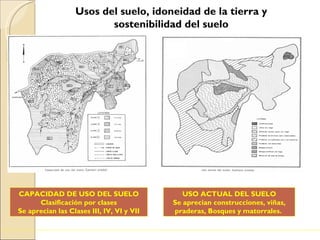 Usos del suelo, idoneidad de la tierra y sostenibilidad del suelo CAPACIDAD DE USO DEL SUELO Clasificación por clases Se aprecian las Clases III, IV, VI y VII USO ACTUAL DEL SUELO Se aprecian construcciones, viñas, praderas, Bosques y matorrales.  
