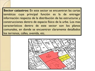 Sector catastros:  En este sector se encuentran las cartas temáticas cuya principal función es la de entregar información respecto de la distribución de las estructuras y construcciones dentro de espacio físico de la urbe. Los mas característicos dentro de este sector son los planos comunales, en donde se encuentran claramente detallados los terrenos, calles, avenida, etc.  