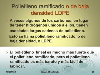 Polietileno ramificado o de baja
densidad LDPE
 A veces algunos de los carbonos, en lugar
de tener hidrógenos unidos a ellos, tienen
asociadas largas cadenas de polietileno.
Esto se llama polietileno ramificado, o de
baja densidad, o LDPE.
 El polietileno lineal es mucho más fuerte que
el polietileno ramificado, pero el polietileno
ramificado es más barato y más fácil de
fabricar.
13/05/2012 Elaboró Efrén Giradlo 23
 