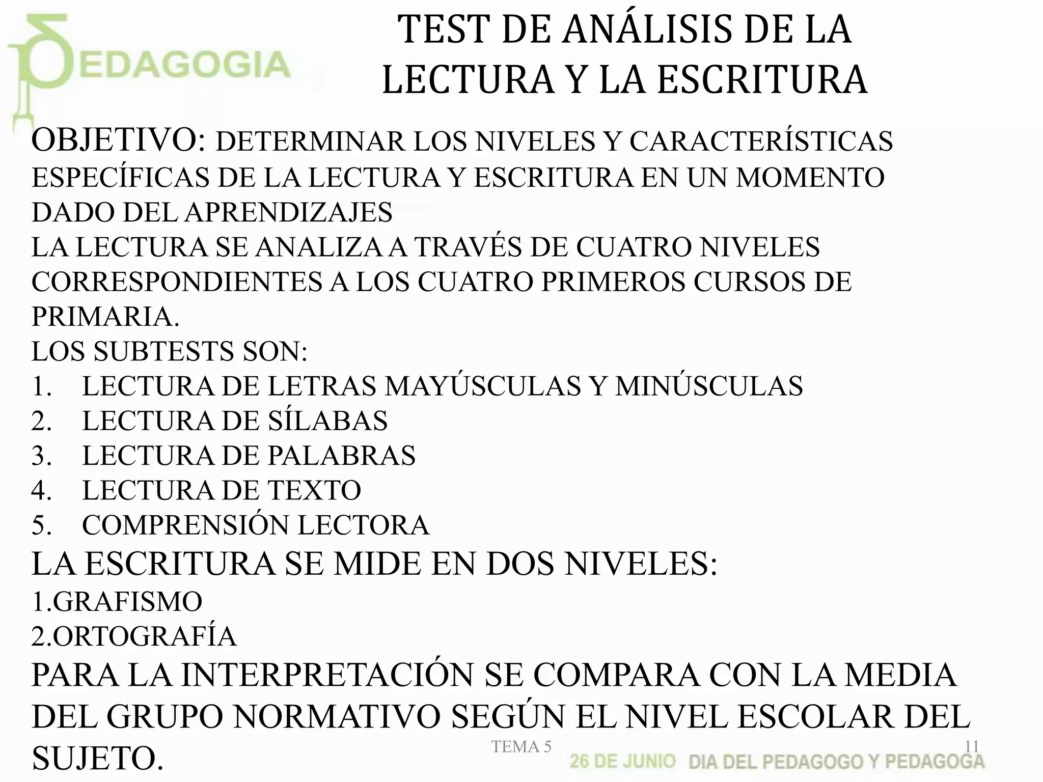 TEST DE ANÁLISIS DE LA
LECTURA Y LA ESCRITURA
OBJETIVO: DETERMINAR LOS NIVELES Y CARACTERÍSTICAS
ESPECÍFICAS DE LA LECTURA Y ESCRITURA EN UN MOMENTO
DADO DEL APRENDIZAJES
LA LECTURA SE ANALIZAA TRAVÉS DE CUATRO NIVELES
CORRESPONDIENTES A LOS CUATRO PRIMEROS CURSOS DE
PRIMARIA.
LOS SUBTESTS SON:
1. LECTURA DE LETRAS MAYÚSCULAS Y MINÚSCULAS
2. LECTURA DE SÍLABAS
3. LECTURA DE PALABRAS
4. LECTURA DE TEXTO
5. COMPRENSIÓN LECTORA
LA ESCRITURA SE MIDE EN DOS NIVELES:
1.GRAFISMO
2.ORTOGRAFÍA
PARA LA INTERPRETACIÓN SE COMPARA CON LA MEDIA
DEL GRUPO NORMATIVO SEGÚN EL NIVEL ESCOLAR DEL
SUJETO. TEMA 5 11
 