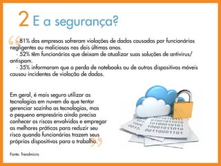 2 E a segurança?
“
  · 81% das empresas sofreram violações de dados causadas por funcionários
negligentes ou maliciosos nos dois últimos anos.
  · 52% têm funcionários que deixam de atualizar suas soluções de antivírus/
antispam.
  · 35% informaram que a perda de notebooks ou de outros dispositivos móveis
causou incidentes de violação de dados.


Em geral, é mais seguro utilizar as
tecnologias em nuvem do que tentar
gerenciar sozinho as tecnologias, mas
o pequeno empresário ainda precisa
conhecer os riscos envolvidos e empregar
as melhores práticas para reduzir seu




                                ”
risco quando funcionários trazem seus
próprios dispositivos para o trabalho.

Fonte: Trendmicro
 