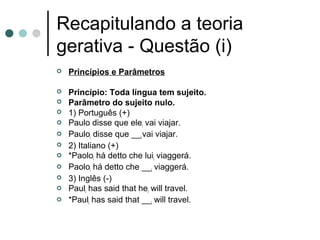 Recapitulando a teoria
gerativa - Questão (i)


Princípios e Parâmetros



Princípio: Toda língua tem sujeito.
Parâmetro do sujeito nulo.
1) Português (+)
Paulo disse que elei vai viajar.
Pauloi disse que __i vai viajar.
2) Italiano (+)
*Paoloi há detto che luii viaggerá.
Paoloi há detto che __i viaggerá.
3) Inglês (-)
Pauli has said that hei will travel.
*Pauli has said that __i will travel.












 
