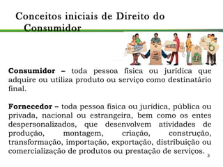 3
Conceitos iniciais de Direito do
Consumidor
Consumidor – toda pessoa física ou jurídica que
adquire ou utiliza produto ou serviço como destinatário
final.
Fornecedor – toda pessoa física ou jurídica, pública ou
privada, nacional ou estrangeira, bem como os entes
despersonalizados, que desenvolvem atividades de
produção, montagem, criação, construção,
transformação, importação, exportação, distribuição ou
comercialização de produtos ou prestação de serviços.
 