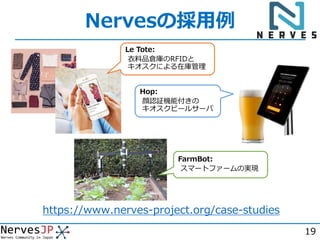 Nervesの採用例
https://www.nerves-project.org/case-studies
19
Le Tote:
衣料品倉庫のRFIDと
キオスクによる在庫管理
Hop:
顔認証機能付きの
キオスクビールサーバ
FarmBo...