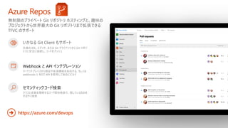 無制限のプライベート Git リポジトリ ホスティングと、趣味の
プロジェクトから世界最大の Git リポジトリまで拡張できる
TFVC のサポート
Azure Repos
https://azure.com/devops
➔
いかなる Git Client もサポート
任意の IDE、エディタ、または Git クライアントから Git リポジ
トリに安全に接続し、コードをプッシュ
Webhook と API インテグレーション
マーケットプレイスから検証や拡張機能を追加する、もしくは
webhooks と REST API を使用して独自にビルド
セマンティックコード検索
クラスと変数を理解するコード探知検索で、探しているものを
すばやく検索
 