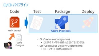 CI/CD パイプライン
Code Test Package Deploy
code
changes
main branch Azure Pipelines
• CI (Continuous Integration):
• ビルド/テスト等の継続的な実行を行う手法
• CD (Continuous Delivery/Deployment):
• CI + リリースプロセスの自動化
 