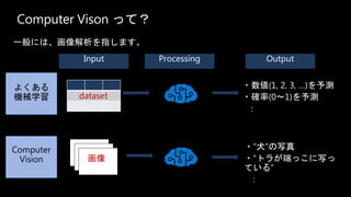 Computer Vison って？
一般には、画像解析を指します。
よくある
機械学習
Computer
Vision
dataset
画像
・数値(1, 2, 3, …)を予測
・確率(0～1)を予測
:
・”犬”の写真
・“トラが端っこに写っ
ている”
:
 