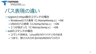 パス表現の違い
 cygwinとmsys版のコマンドの場合
 Windowsのパス表現「C:¥temp¥temp.c」→OK
 UNIXのパス表現「/c/temp/temp.c」 →OK
 ２つが混ざった「C:¥temp/temp.c」 →OK
 wslのコマンドの場合
 コマンド自体は、Linux向けのバイナリそのまま
 つまり、受け入れられるのはUNIXのパスだけ
11
 