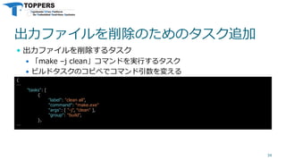 出力ファイルを削除のためのタスク追加
 出力ファイルを削除するタスク
 「make –j clean」コマンドを実行するタスク
 ビルドタスクのコピぺでコマンド引数を変える
34
{
…
"tasks": [
{
"label": "clean all",
"command": "make.exe"
"args": [ "-j", “clean" ],
"group": "build",
},
…
 