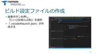 ビルド設定ファイルの作成
 歯車ボタンを押し、
「C++(GDB/LLDB)」を選択
 「.vscode¥launch.json」が作
成さる
39
 