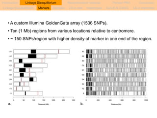 Introduction Linkage Disequilibrium Recombination hotspots Persian PRA Conclusion 
Markers Samples LD in cats Haplotypes Cat LD & GWAS LD in mammals 
Linkage Disequilibrium 
• A custom Illumina GoldenGate array (1536 SNPs). 
• Ten (1 Mb) regions from various locations relative to centromere. 
• ~ 150 SNPs/region with higher density of marker in one end of the region. 
 