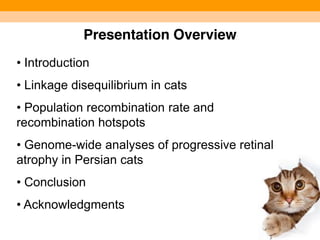 Presentation Overview 
• Introduction 
• Linkage disequilibrium in cats 
• Population recombination rate and 
recombination hotspots 
• Genome-wide analyses of progressive retinal 
atrophy in Persian cats 
• Conclusion 
• Acknowledgments 
 