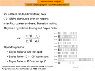 Introduction Linkage Disequilibrium Recombination hotspots Persian PRA Conclusion 
Recombination Coalescent Markers samples program Estimates&interpretation Hot&warm-spots G. features 
• 22 Eastern random bred (feral) cats. 
• 701 SNPs distributed over ten regions. 
• inferRho: coalescent-based Bayesian method. 
• Bayesian hypothesis testing and Bayes factor: 
BF 
• Spot designation: 
(1 ) 
p p 
i i 
q q 
(1 ) 
i i 
• Bayes factor ≥ 100 “hot spot” 
• Bayes factor 10 – 100 “warm-spot” 
• Bayes factor < 10 “neutral spot” 
Wang and Rannala, Philos Trans R Soc Lond B Biol Sci 363, 3921 (2008) 
Wang and Rannala, Proc Natl Acad Sci U S A 106, 6215 (2009) 
 