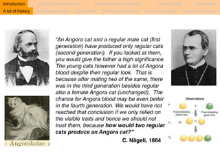 Introduction Linkage Disequilibrium Recombination hotspots Persian PRA Conclusion 
A bit of history Cat domestication Cat breeds Phenotype genetics Disease genetics Genetic resources 
“An Angora cat and a regular male cat (first 
generation) have produced only regular cats 
(second generation). If you looked at them, 
you would give the father a high significance. 
The young cats however had a lot of Angora 
blood despite their regular look. That is 
because after mating two of the same, there 
was in the third generation besides regular 
also a female Angora cat (unchanged). The 
chance for Angora blood may be even better 
in the fourth generation. We would have not 
reached that conclusion if we only relied on 
the visible traits and hence we should not 
trust them, because how would two regular 
cats produce an Angora cat?” 
C. Nägeli, 1884 
 