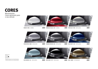 PRATA REFLEX 8E8E METALIZADO R St
BRANCO B4B4 NORMAL R St
AZUL NAYARA 1L1L METALIZADO R St
CINZENTO INDIUM X3X3 METALIZADO R St
VERMELHO SALSA 4Y4Y NORMAL R St
PRETO DEEP 2T2T METALIZADO R St
AZUL NIGHT Z2Z2 METALIZADO R St
PRATA LEAF 7B7B METALIZADO R St
BOAL 6M6M CUSTOMIZADO R St
Reference /R/
Style /St/
De série
Opcional
¹Disponível apenas com o Pacote Avançado.
²Também disponível com o Pacote Avançado.
Monovolume:
Cores opcionais para
o seu veículo
CORES
 