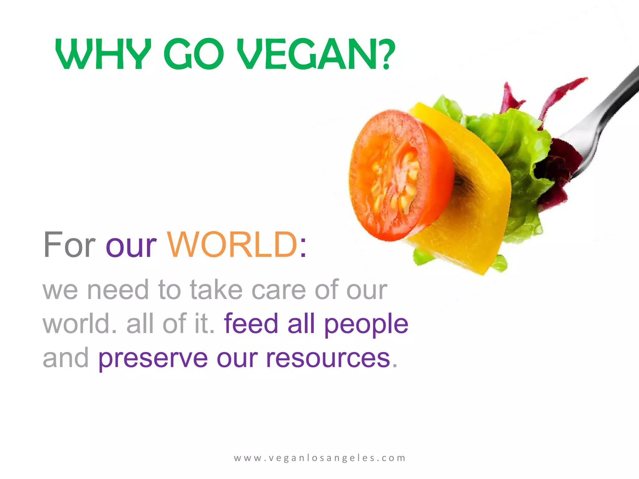 For  our   WORLD : we need to take care of our world. all of it.  feed all people  and  preserve our resources .   w w w . v e g a n l o s a n g e l e s . c o m WHY GO VEGAN? 