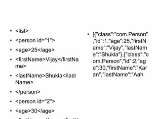 • <list>
• <person id="1">
• <age>25</age>
• <firstName>Vijay</firstNa
me>
• <lastName>Shukla</last
Name>
• </person>
• <person id="2">
• <age>30</age>
• [{"class":"com.Person"
,"id":1,"age":25,"firstN
ame":"Vijay","lastNam
e":"Shukla"},{"class":"c
om.Person","id":2,"ag
e":30,"firstName":"Kar
an","lastName":"Aah
 