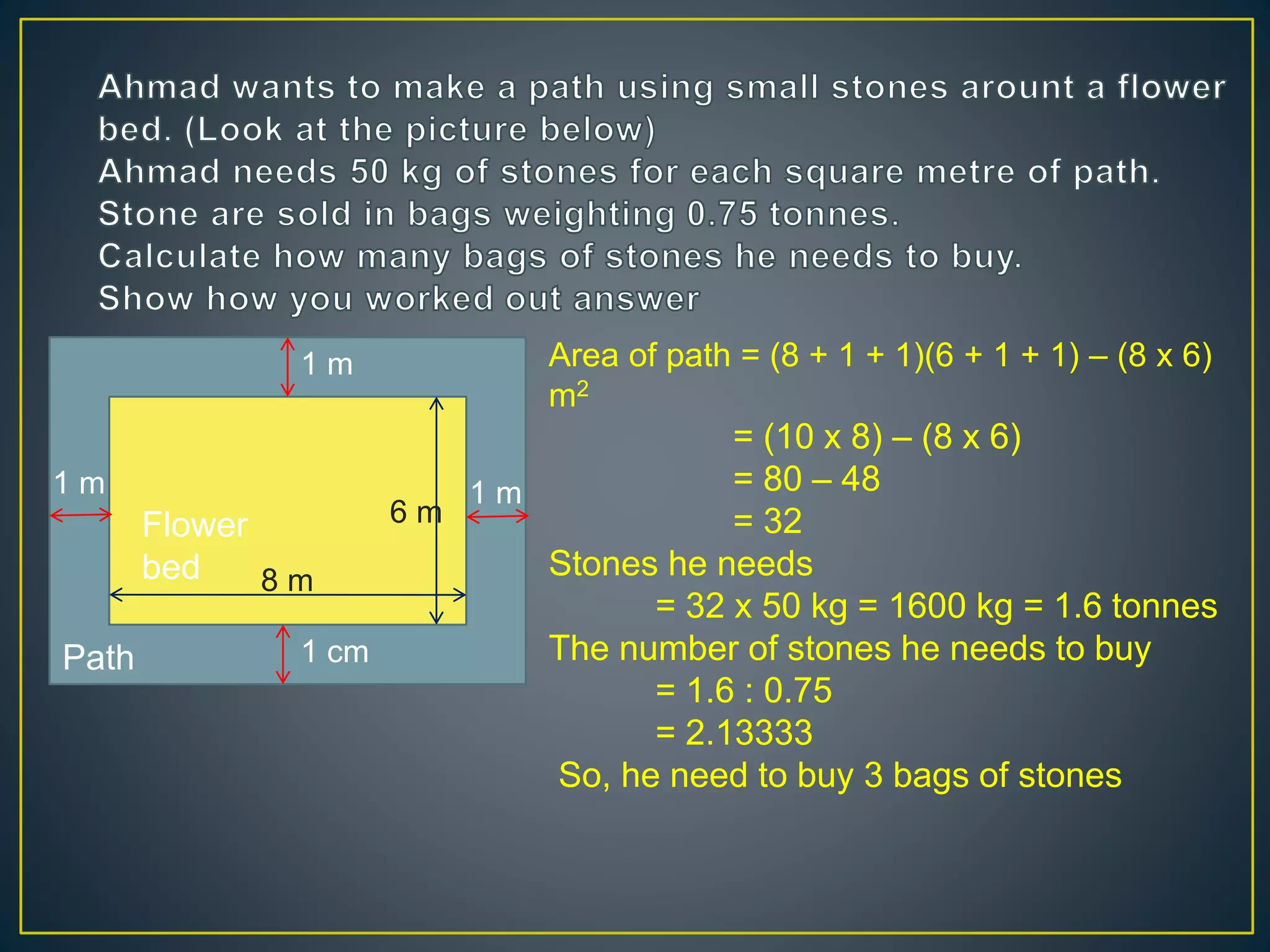 Area of path = (8 + 1 + 1)(6 + 1 + 1) &ndash; (8 x 6) 
m2 
= (10 x 8) &ndash; (8 x 6) 
= 80 &ndash; 48 
= 32 
Stones he needs 
= 32 x 50 kg = 1600 kg = 1.6 tonnes 
The number of stones he needs to buy 
= 1.6 : 0.75 
= 2.13333 
So, he need to buy 3 bags of stones 
1 m 
1 m 
Flower 6 m 
bed 
1 cm 
1 m 
8 m 
Path 
