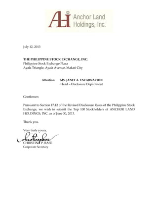 July 12, 2013
THE PHILIPPINE STOCK EXCHANGE, INC.
Philippine Stock Exchange Plaza
Ayala Triangle, Ayala Avenue, Makati City
Attention: MS. JANET A. ENCARNACION
Head – Disclosure Department
Gentlemen:
Pursuant to Section 17.12 of the Revised Disclosure Rules of the Philippine Stock
Exchange, we wish to submit the Top 100 Stockholders of ANCHOR LAND
HOLDINGS, INC. as of June 30, 2013.
Thank you.
Very truly yours,
CHRISTINE P. BASE
Corporate Secretary
 