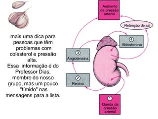 mais uma dica para pessoas que têm  problemas com colesterol e pressão alta.  Essa  informação é do Professor Dias, membro do nosso grupo, mas um pouco  "tímido" nas mensagens para a lista. 