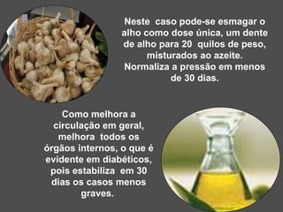   Como melhora a circulação em geral, melhora  todos os órgãos internos, o que é evidente em diabéticos, pois estabiliza  em 30 dias os casos menos graves.  Neste  caso pode-se esmagar o alho como dose única, um dente de alho para 20  quilos de peso, misturados ao azeite. Normaliza a pressão em menos de 30 dias. 