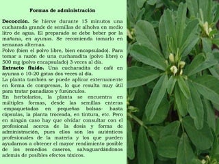 Formas de administraci ó n Decocci ó n.  Se hierve durante 15 minutos una cucharada grande de semillas de alholva en medio litro de agua. El preparado se debe beber por la ma ñ ana, en ayunas. Se recomienda tomarlo en semanas alternas. Polvo (bien el polvo libre, bien encapsulado). Para tomar a raz ó n de una cucharadita (polvo libre) o 500 mg (polvo encapsulado) 3 veces al d í a. Extracto fluido.  Una cucharadita de caf é  en ayunas o 10-20 gotas dos veces al d í a. La planta tambi é n se puede aplicar externamente en forma de compresas, lo que resulta muy  ú til para tratar panadizos y fur ú nculos. En herbolarios, la planta se encuentra en m ú ltiples formas, desde las semillas enteras -empaquetadas en peque ñ as bolsas- hasta c á psulas, la planta troceada, en tintura, etc. Pero en ning ú n caso hay que olvidar consultar con el profesional acerca de la dosis y forma de administraci ó n, pues ellos son los aut é nticos profesionales de la materia y los que pueden ayudarnos a obtener el mayor rendimiento posible de los remedios caseros, salvaguard á ndonos adem á s de posibles efectos t ó xicos. 