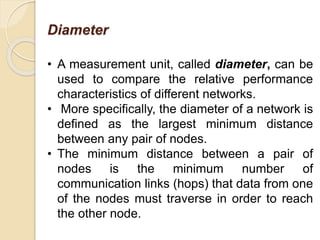 Diameter
• A measurement unit, called diameter, can be
used to compare the relative performance
characteristics of different networks.
• More specifically, the diameter of a network is
defined as the largest minimum distance
between any pair of nodes.
• The minimum distance between a pair of
nodes is the minimum number of
communication links (hops) that data from one
of the nodes must traverse in order to reach
the other node.
 