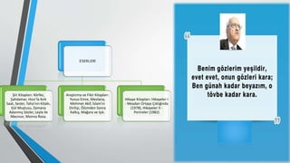 ESERLERİ
Şiir Kitapları: Körfez,
Şahdamar, Hızır’la Kırk
Saat, Sesler, Taha’nın Kitabı,
Gül Muştusu, Zamana
Adanmış Sözler, Leyla ile
Mecnun, Monna Rosa.
Araştırma ve Fikir Kitapları:
Yunus Emre, Mevlana,
Mehmet Akif, İslam’ın
Dirilişi, Ölümden Sonra
Kalkış, Mağara ve Işık.
Hikaye Kitapları: Hikayeler I
- Meydan Ortaya Çıktığında
(1978), Hikayeler II -
Portreler (1982)
 