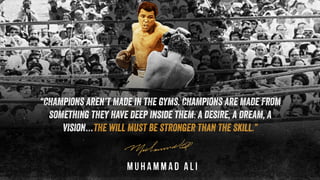 Muhammad Ali
“Champions aren’t made in the gyms. Champions are made from
something they have deep inside them: a desire, a...