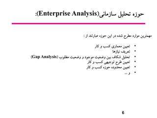 6
‫حوزه‬‫تحلیل‬‫سازمانی‬(Enterprise Analysis:)
‫از‬ ‫عبارتند‬ ‫حوزه‬ ‫اين‬ ‫در‬ ‫شده‬ ‫مطرح‬ ‫موارد‬ ‫مهمترين‬:
•‫کار‬ ‫و‬...