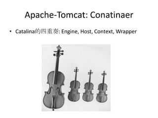 Apache-Tomcat: Conatinaer
• Catalina的四重奏: Engine, Host, Context, Wrapper
 