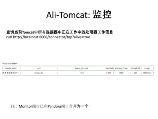 Ali-Tomcat: 监控
查询当前Tomcat中所有连接器中正在工作中的处理器工作信息
curl http://localhost:8006/connector/top?alive=true
注：Monitor端口已和Pandora端口合并为一个
 